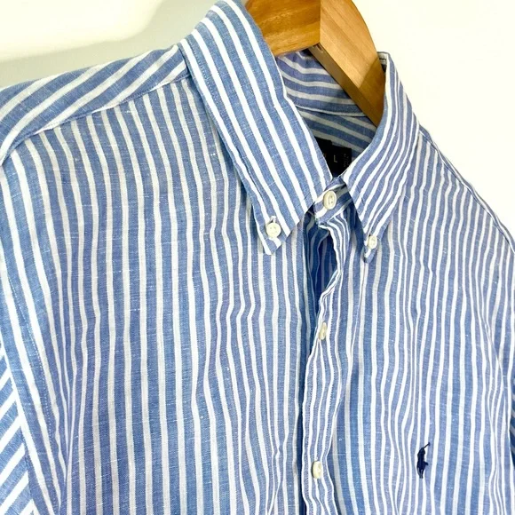 RALPH LAUREN | Ocean Wash Linen Blue and White Stripe Button Long Sleeve Large - Picture 3 of 7